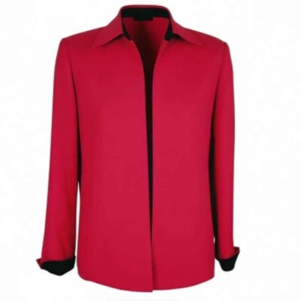 Kasper ASL Blazer Women 8P Red Black Trim Open Front Bracelet Cuffs Linen Blend